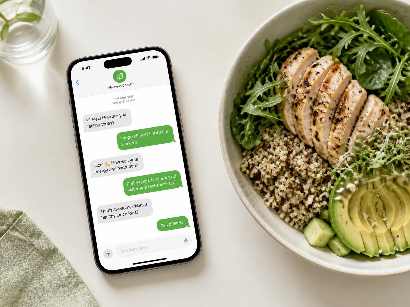 Phone showing a text message conversation next to a healthy chicken and quinoa bowl